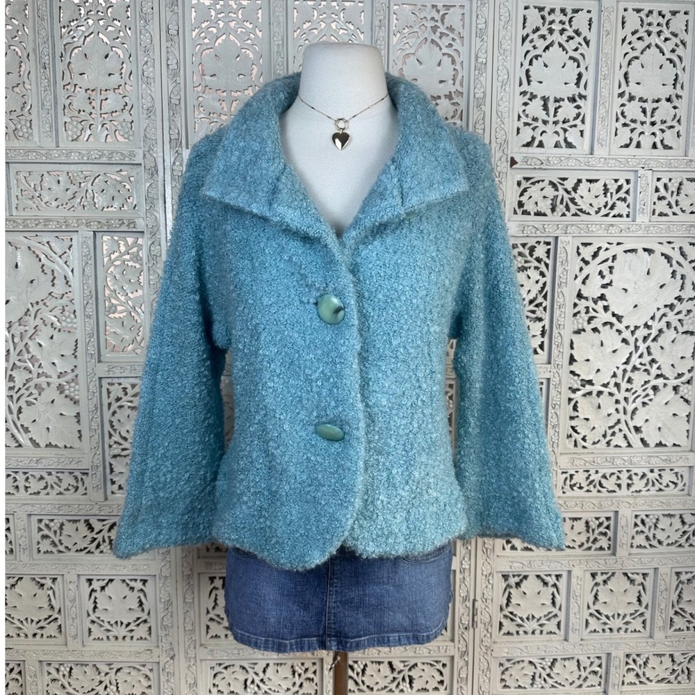 Etcetera Baby Blue Soft Fuzzy Mohair Blend Chunky Button Cardigan Sz Small